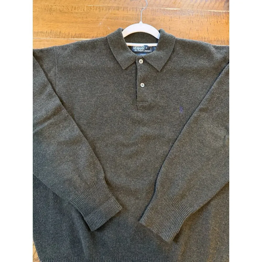 Vintage Polo Ralph Lauren Sweater Mens Large Green Lambswool Knit Collared 90s